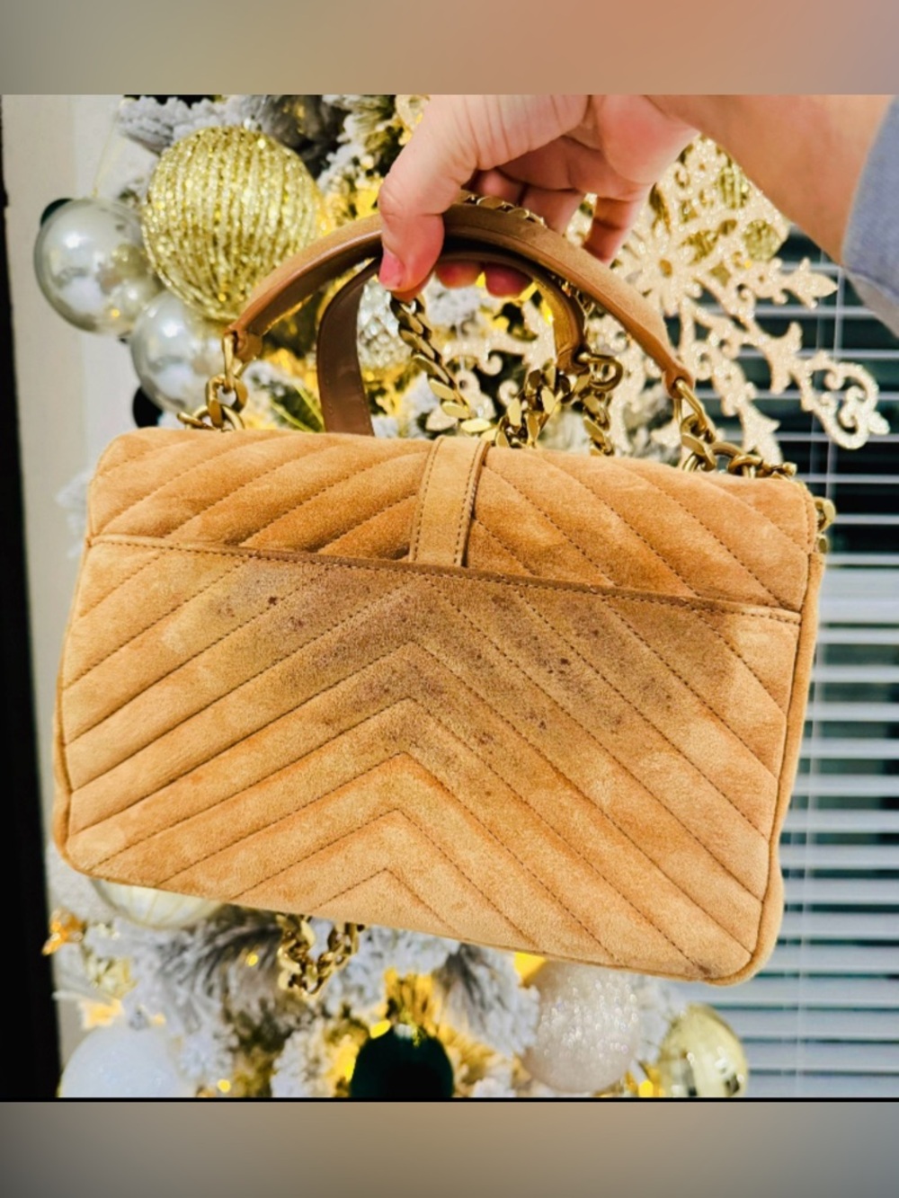 Yves Saint Laurent Tan Suede Quilted Chain Satchel with Gold Hardware - Picture 9 of 9